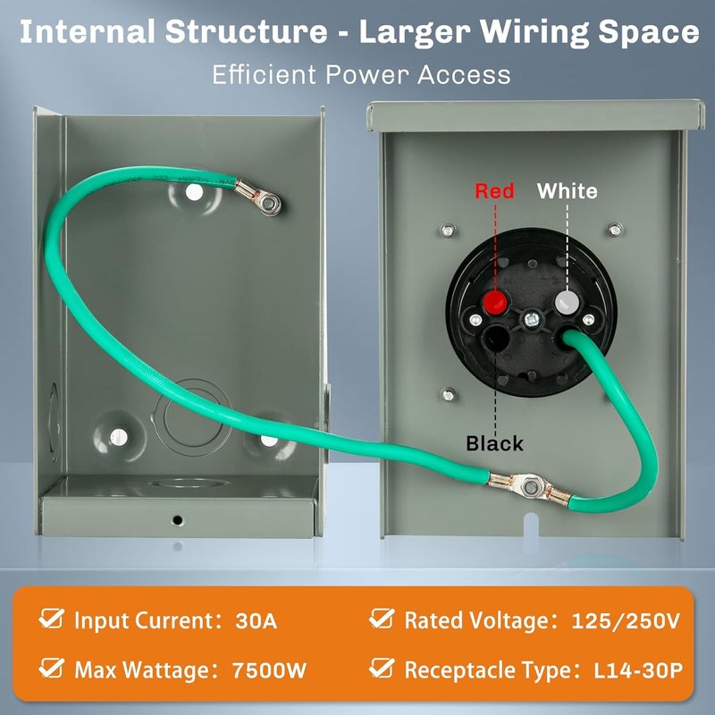 WELLUCK 30 Amp Generator Inlet Box - NEMA L14-30P Power Inlet Box for 3R 4-Prong Generator Cord, 125/250V, 7500W Weatherproof Outdoor 30a Power Inlet Box - ETL Listed, Best Partner in Emergencies - Image 5