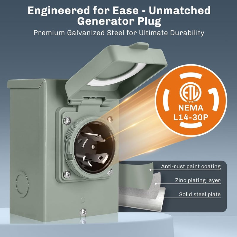 WELLUCK 30 Amp Generator Inlet Box - NEMA L14-30P Power Inlet Box for 3R 4-Prong Generator Cord, 125/250V, 7500W Weatherproof Outdoor 30a Power Inlet Box - ETL Listed, Best Partner in Emergencies - Image 2