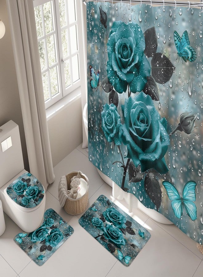 ريديكور مجموعة ستائر حمام من Riyidecor باللون الأزرق المخضر والوردي مكونة من 4 قطع مع سجاد وإكسسوارات وغطاء مرحاض عصري وسجادة وكونتور وسجادة حمام مع 12 خطافًا - Image 3