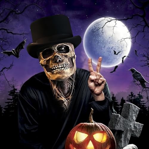 AUSTUFF Halloween Skull Mask,Scary Full Head Horror Mask with Movable Jaw, Scary Realistic Latex Helmet Cosplay Party Props (a mask and a hat) - Image 5