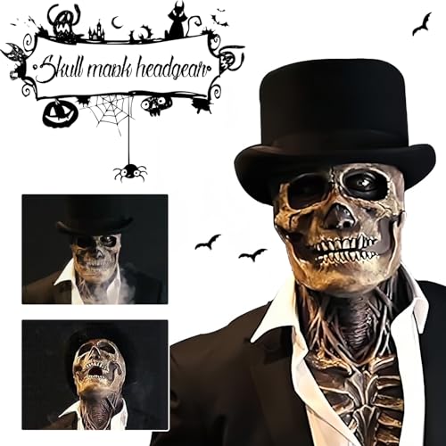 AUSTUFF Halloween Skull Mask,Scary Full Head Horror Mask with Movable Jaw, Scary Realistic Latex Helmet Cosplay Party Props (a mask and a hat) - Image 2