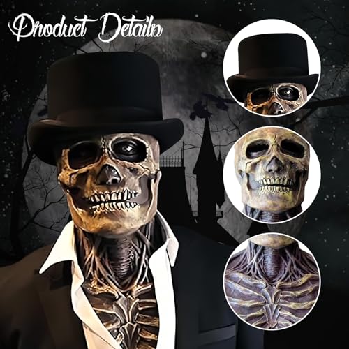 AUSTUFF Halloween Skull Mask,Scary Full Head Horror Mask with Movable Jaw, Scary Realistic Latex Helmet Cosplay Party Props (a mask and a hat) - Image 3
