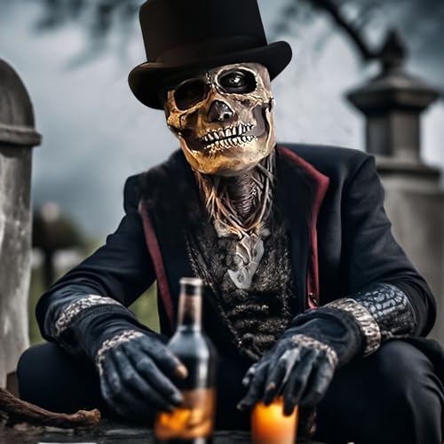 AUSTUFF Halloween Skull Mask,Scary Full Head Horror Mask with Movable Jaw, Scary Realistic Latex Helmet Cosplay Party Props (a mask and a hat) - Image 4