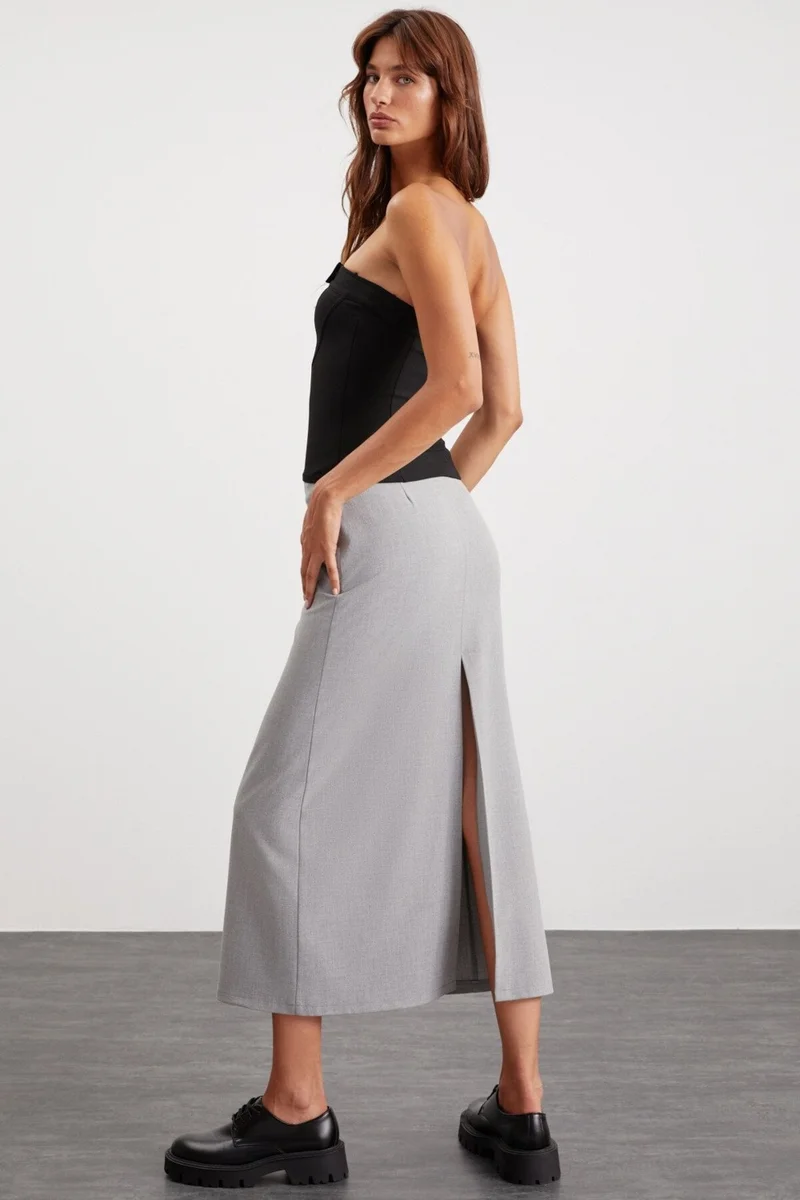 GRIMELANGE Isla Women's Woven Fabric Back Deep Slit Maxi Length Normal Waist Gray Skirt
