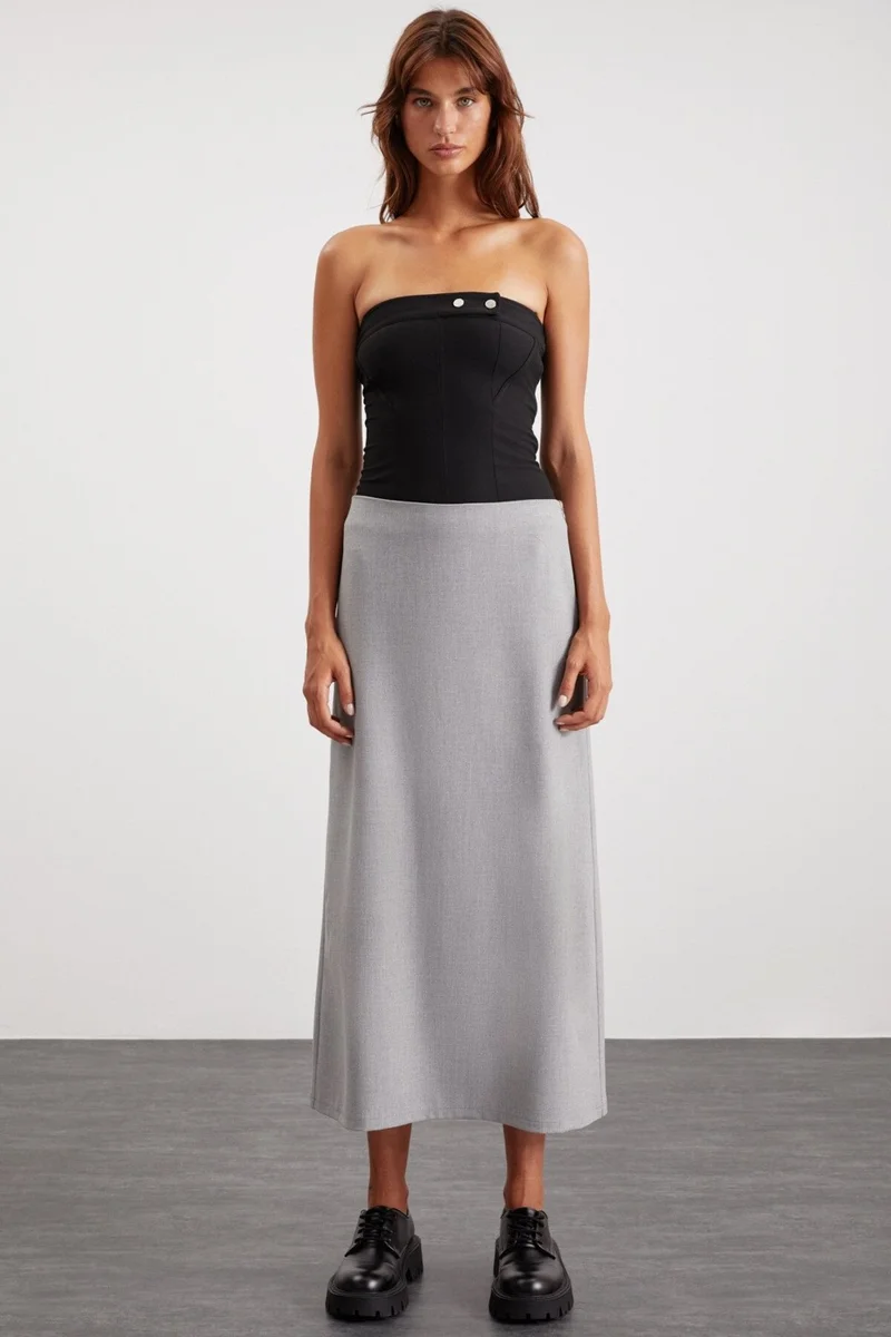 GRIMELANGE Isla Women's Woven Fabric Back Deep Slit Maxi Length Normal Waist Gray Skirt