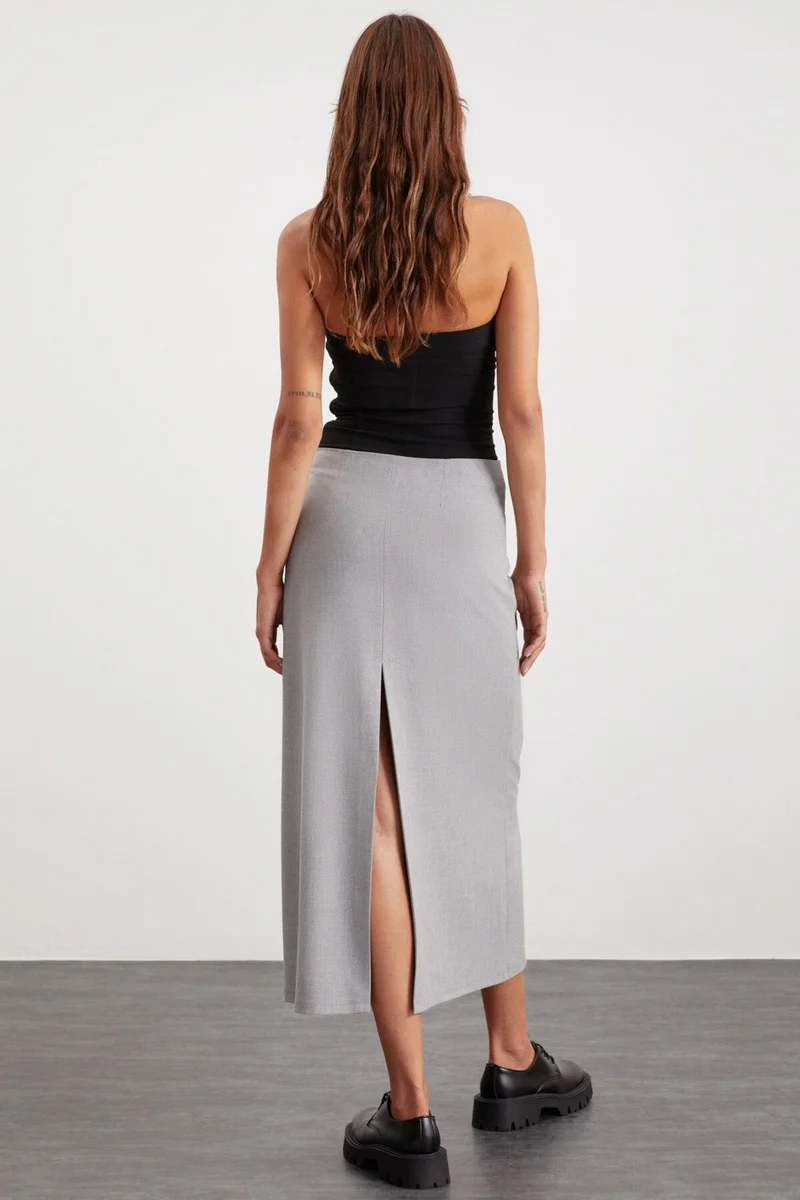 GRIMELANGE Isla Women's Woven Fabric Back Deep Slit Maxi Length Normal Waist Gray Skirt