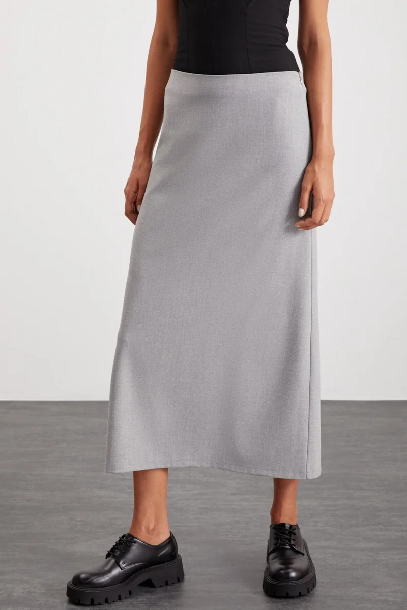 GRIMELANGE Isla Women's Woven Fabric Back Deep Slit Maxi Length Normal Waist Gray Skirt