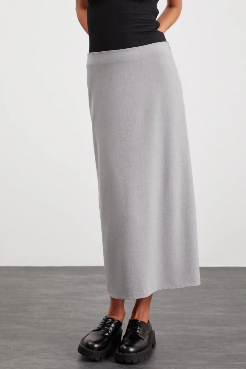 GRIMELANGE Isla Women's Woven Fabric Back Deep Slit Maxi Length Normal Waist Gray Skirt