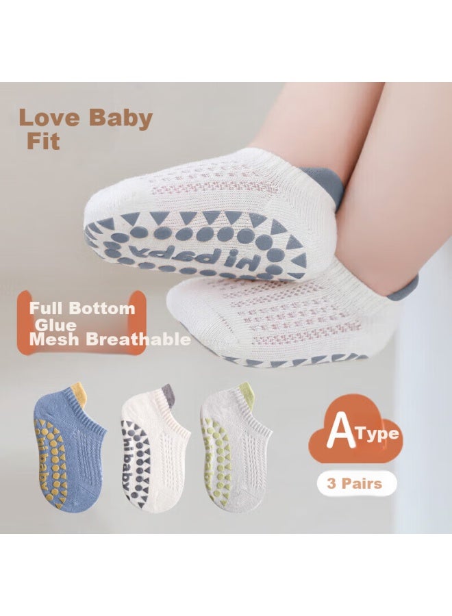 Lovebox Aibao Baby Floor Socks Summer Style Baby Socks Indoor Walking Socks Anti-slip Socks 3 Pairs Blue White Gray Size M S768 - Image 1