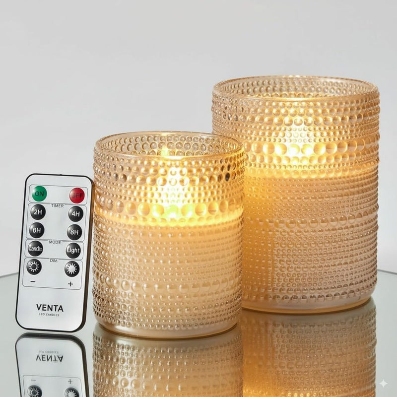VENTA Beyond The Flame Mesmerizing Dotted Glass Candles | Set of 2 Ivory LED Pillars | Create a Magical, Worry-Free Glow with Remote & Timer | Perfect for Home, Holiday & Wedding Ambiance - Image 1