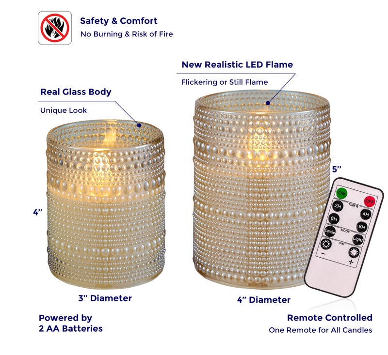 VENTA Beyond The Flame Mesmerizing Dotted Glass Candles | Set of 2 Ivory LED Pillars | Create a Magical, Worry-Free Glow with Remote & Timer | Perfect for Home, Holiday & Wedding Ambiance - Image 2