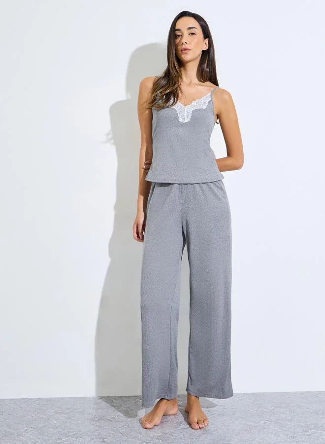 ستايلي Grey Contrast Lace Detail Cami and Pyjama Set