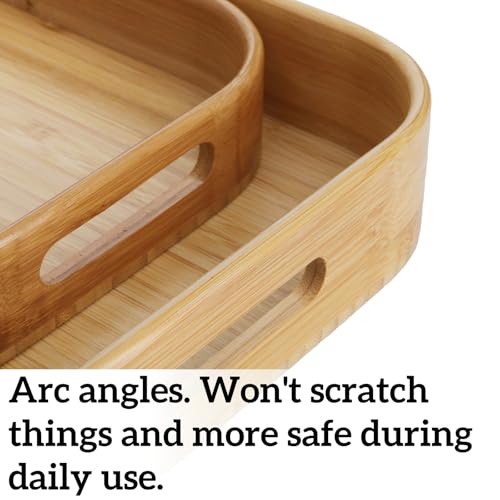 Dicunoy Set of 2 Bamboo Serving Tray, Solid Wood Breakfast Tray with Handles and Arc Angles, Large Size for Food, Dinner, Tea, Coffee, Bar, Parties, 15.6" L x 10.8" W /12.6" L x 8.5" W - Image 3