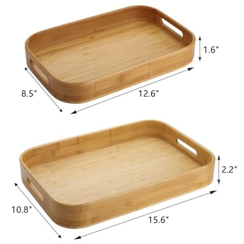 Dicunoy Set of 2 Bamboo Serving Tray, Solid Wood Breakfast Tray with Handles and Arc Angles, Large Size for Food, Dinner, Tea, Coffee, Bar, Parties, 15.6" L x 10.8" W /12.6" L x 8.5" W - Image 2