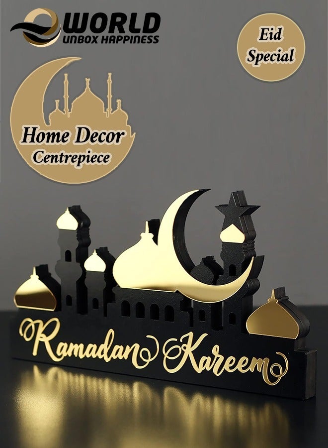 Eworld Wooden Acrylic Islamic Tabletop Decor, Elegant Ramadan Kareem Decorations Crafted from Thick Eco-Friendly MDF with a Shiny Acrylic Layer for a Stunning Mirror Effect in Gold. - Image 1