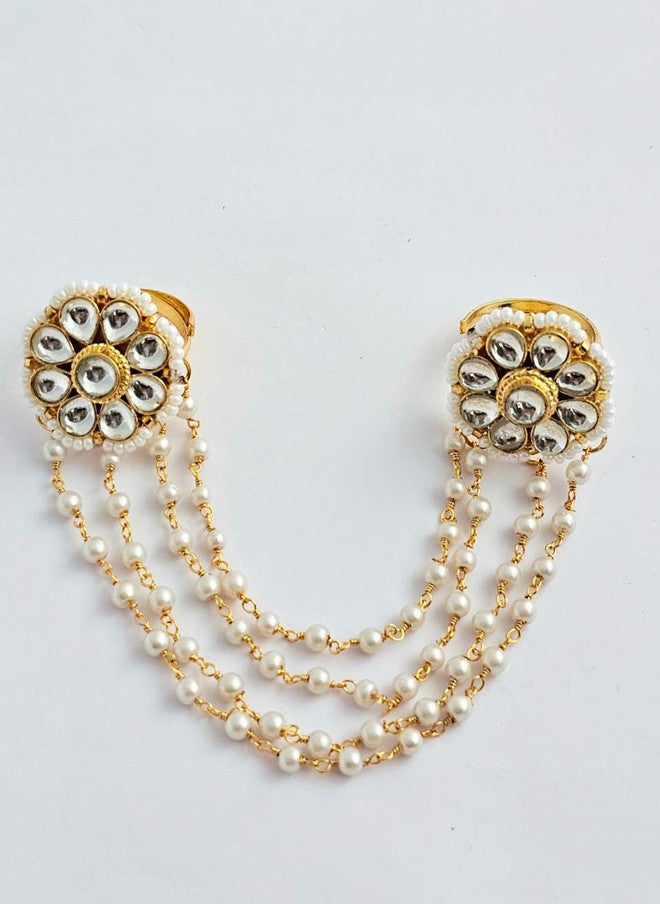 Binnis Wardrobe Gold-Plated Kundan Studded & Pearls Beaded Adjustable Finger Ring - Image 3