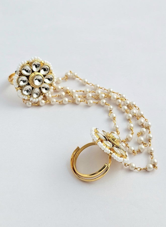 Binnis Wardrobe Gold-Plated Kundan Studded & Pearls Beaded Adjustable Finger Ring - Image 4