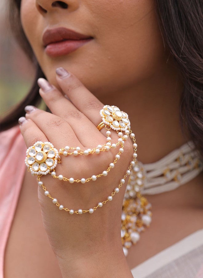 Binnis Wardrobe Gold-Plated Kundan Studded & Pearls Beaded Adjustable Finger Ring - Image 2