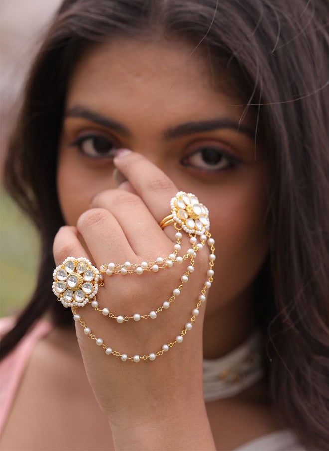 Binnis Wardrobe Gold-Plated Kundan Studded & Pearls Beaded Adjustable Finger Ring - Image 1