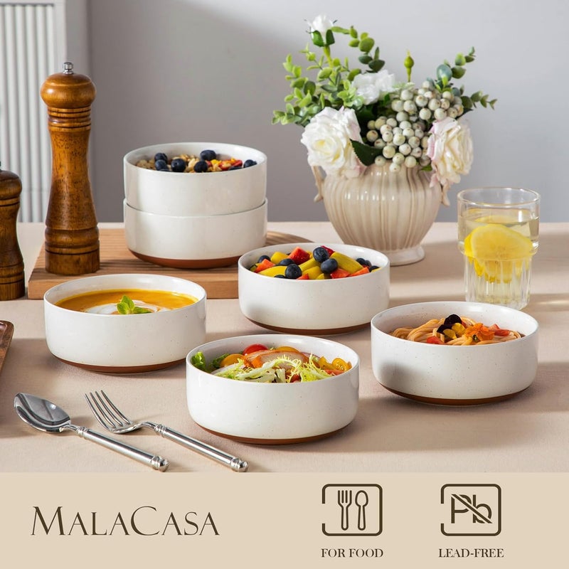 MALACASA Cereal Bowls Set of 6 24 OZ Ceramic Bowls for Kitchen Soup Bowl Breakfast Bowls Dishwasher Microwave Safe Khaki White Series TARA - Image 3