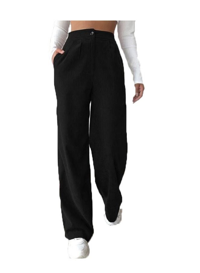 Loquat Women's Fashion New Solid Color Casual Corduroy High Waist Straight Pants 