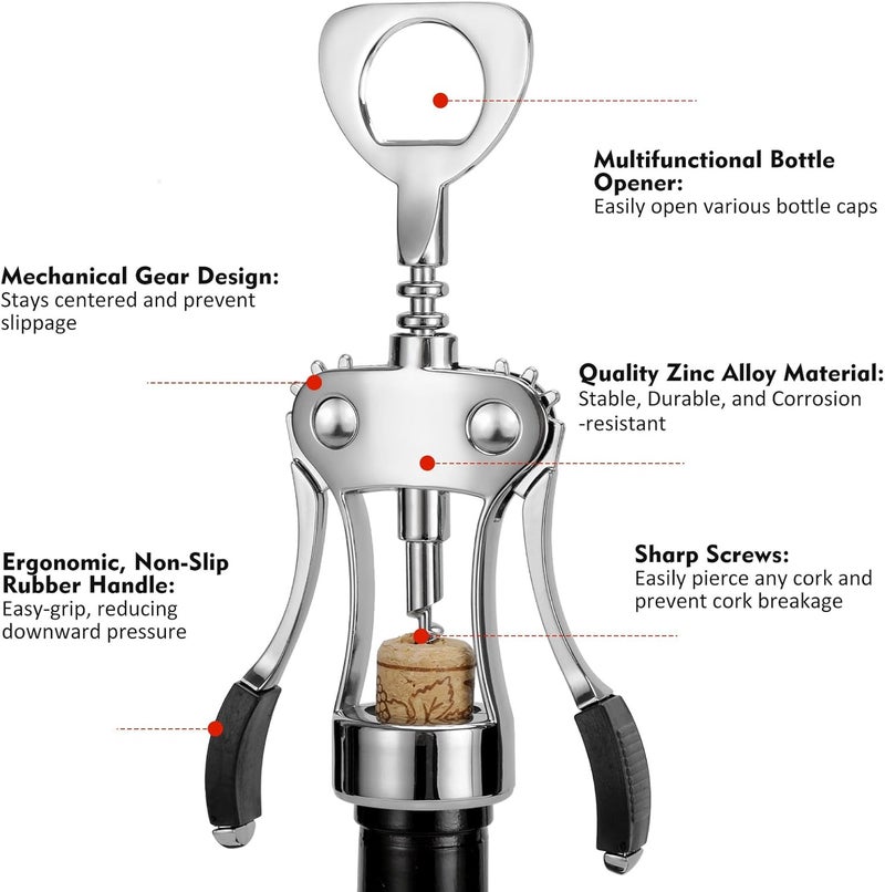 KORCCI Wine Opener with Stopper, Cutter - Wine Bottle Opener Bundle, Zinc Alloy Wing Corkscrew Heavy Duty, Cork Screw Beer Opener for Bartenders, Multifunctional Bottle Opener for Kitchen, Restaurant, Bar - Image 3