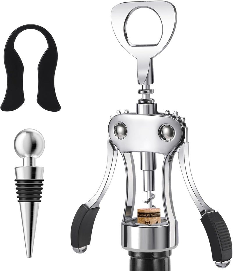 KORCCI Wine Opener with Stopper, Cutter - Wine Bottle Opener Bundle, Zinc Alloy Wing Corkscrew Heavy Duty, Cork Screw Beer Opener for Bartenders, Multifunctional Bottle Opener for Kitchen, Restaurant, Bar - Image 1