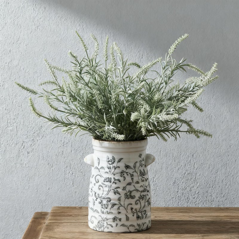 SIDUCAL Ceramic Gray and White Vase with 2-Ear, 8 Inch Ice Cracked Vintage Pastoral Vase, Rustic Farmhouse Vases for Home Decor, Table, Living Room, Shelf Decor, Chinoiserie Decor, Gray Floral Pattern - Image 1