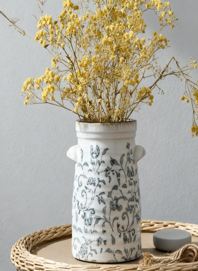 SIDUCAL Ceramic Gray and White Vase with 2-Ear, 8 Inch Ice Cracked Vintage Pastoral Vase, Rustic Farmhouse Vases for Home Decor, Table, Living Room, Shelf Decor, Chinoiserie Decor, Gray Floral Pattern - Image 3