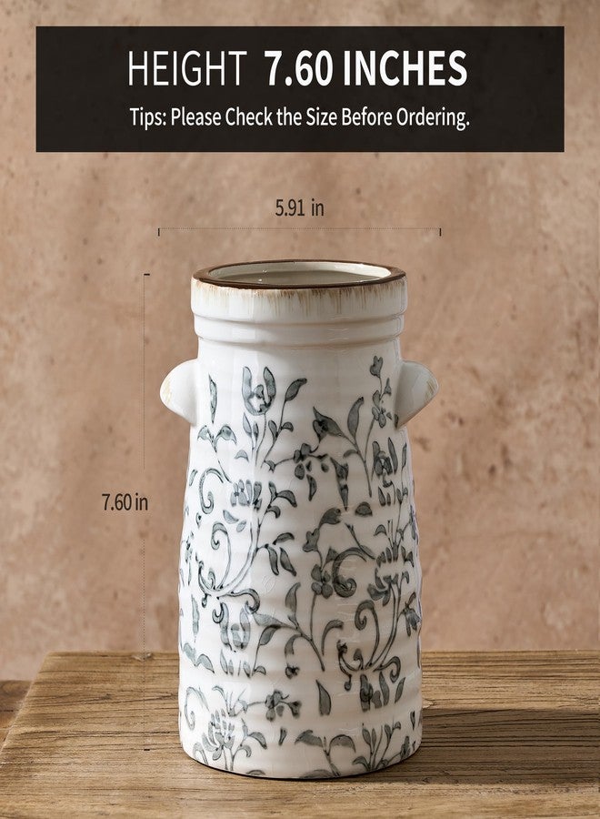 SIDUCAL Ceramic Gray and White Vase with 2-Ear, 8 Inch Ice Cracked Vintage Pastoral Vase, Rustic Farmhouse Vases for Home Decor, Table, Living Room, Shelf Decor, Chinoiserie Decor, Gray Floral Pattern - Image 2