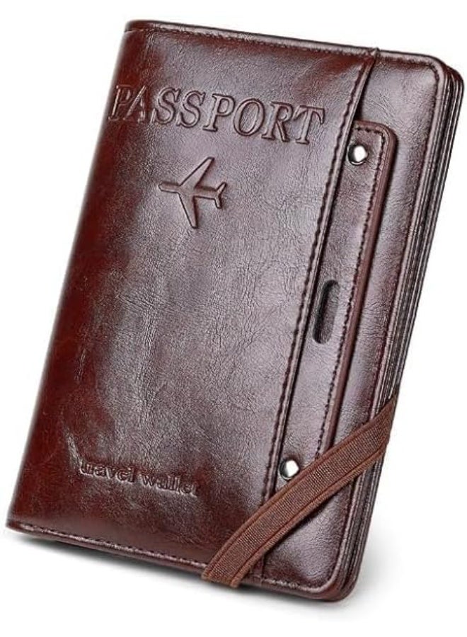 Passport Holder Protective Cover PU Leather Travel Document Holder Slim Wallet Accessories Organiser Case EU Passport SIM Pen Slot for Vaccination Card, Credit Card, ID, Boarding Pass (Dark Brwon)