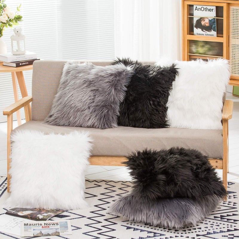 HYSEAS Set of 2 Decorative Faux Fur Throw Pillow Covers  Grey Fluffy Soft Fuzzy Square Cushion Cover Pillow Case for Sofa  Couch  Chair  Bed  Cafe  18 x 18 Inches - Image 4