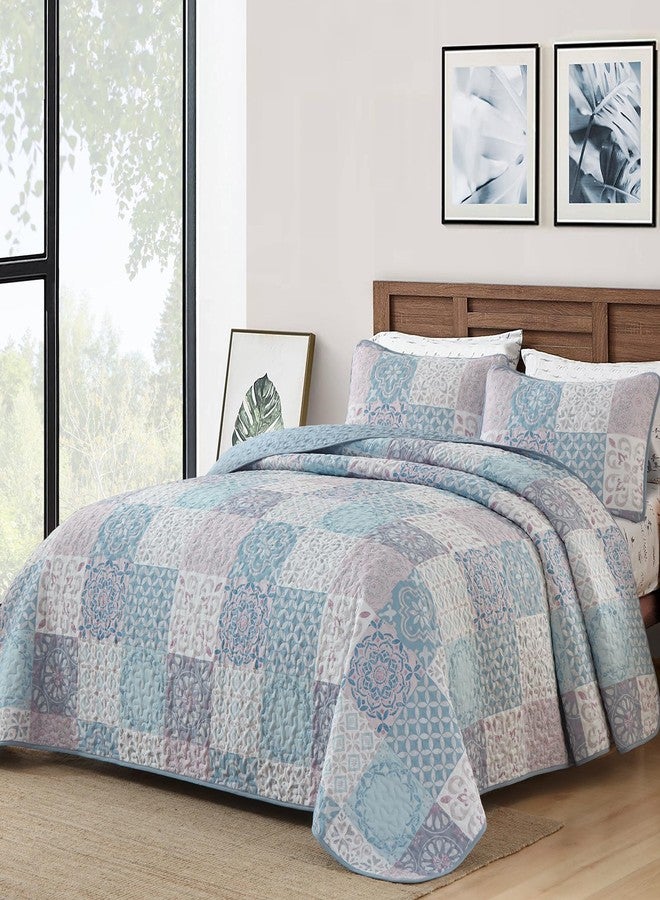 Dobuyly Boho Patchwork Quilt Set Queen Size, Light Blue/Pink Plaid Bedspread Coverlet Set, 3 Pieces Soft Lightweight Farmhouse Quilt Bedding Set for All Seasons 96"x90" - Image 2