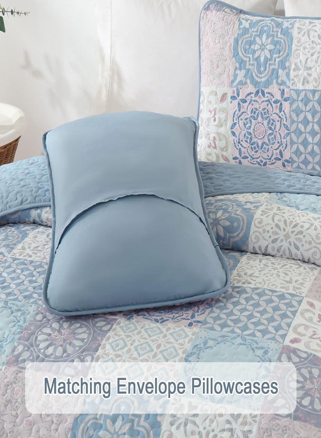 Dobuyly Boho Patchwork Quilt Set Queen Size, Light Blue/Pink Plaid Bedspread Coverlet Set, 3 Pieces Soft Lightweight Farmhouse Quilt Bedding Set for All Seasons 96"x90" - Image 5