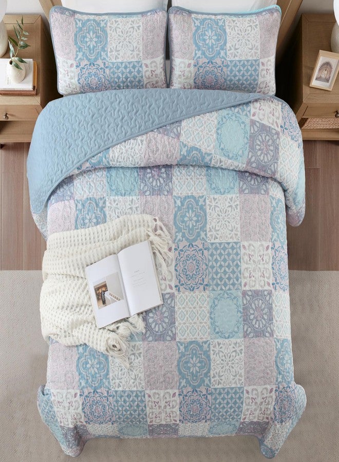 Dobuyly Boho Patchwork Quilt Set Queen Size, Light Blue/Pink Plaid Bedspread Coverlet Set, 3 Pieces Soft Lightweight Farmhouse Quilt Bedding Set for All Seasons 96"x90" - Image 3