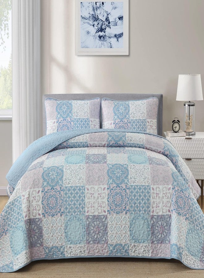 Dobuyly Boho Patchwork Quilt Set Queen Size, Light Blue/Pink Plaid Bedspread Coverlet Set, 3 Pieces Soft Lightweight Farmhouse Quilt Bedding Set for All Seasons 96"x90" - Image 1