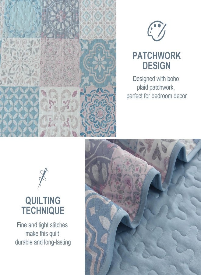 Dobuyly Boho Patchwork Quilt Set Queen Size, Light Blue/Pink Plaid Bedspread Coverlet Set, 3 Pieces Soft Lightweight Farmhouse Quilt Bedding Set for All Seasons 96"x90" - Image 4