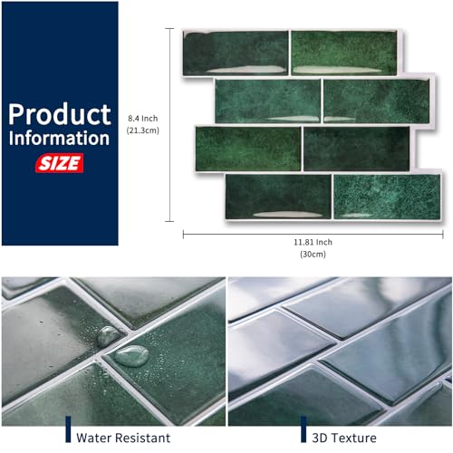 Art3dwallpanels 10-Sheet Peel and Stick Backsplash, 11.02'' x 8.46'' Peel and Stick Tile, 3D Self Adhesive Tile for Kitchen, Bathroom, Laundry Room, Dark Green - Image 2