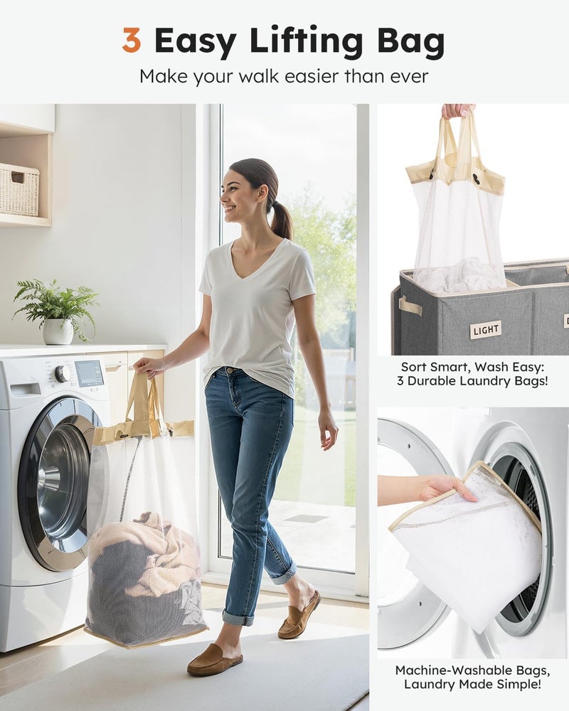 SOLEDI 200L 3-Section Laundry Hamper with Lid, Extra Large Dirty Clothes Basket with Sturdy Handles for Laundry Room & Bedroom - Durable Organizer for Sorting Laundry - Image 5