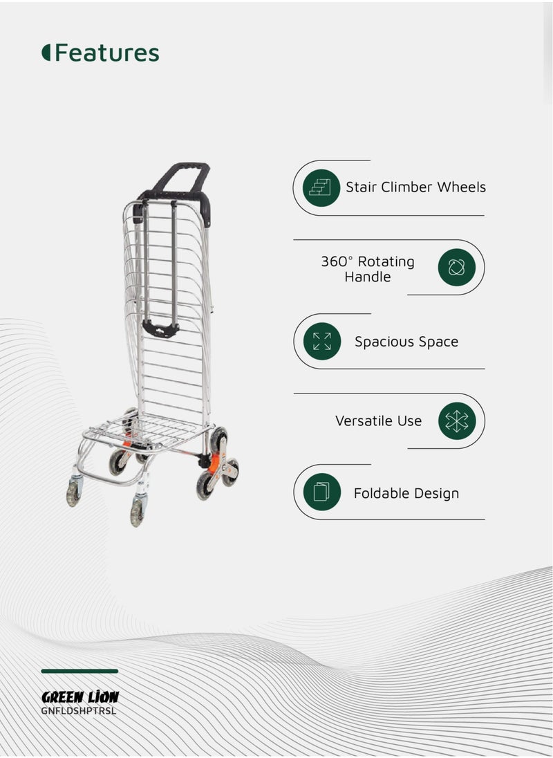 GREEN LION - Foldable Shopping Trolley with Stair Climber Wheels / Rotating Handle / 20kg Max Load / 8 Wheels / Versatile Use / Lightweight and Durable / Easy Transport - Silver - Image 1