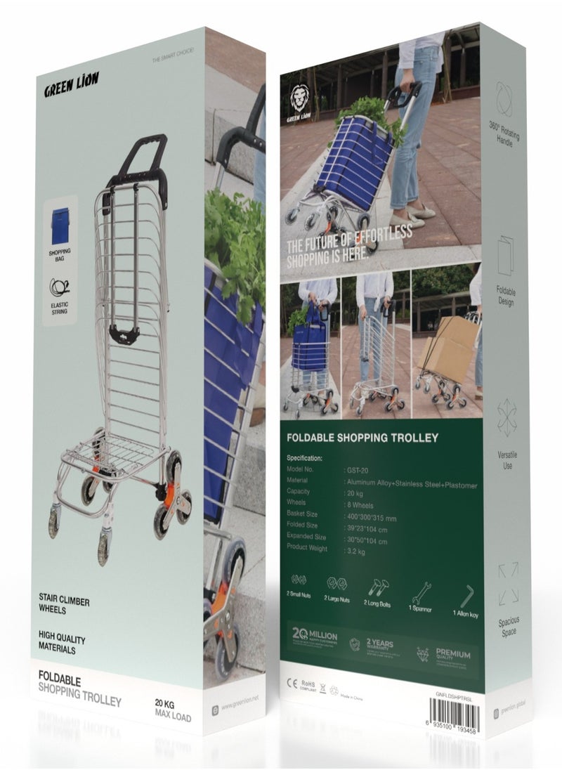 GREEN LION - Foldable Shopping Trolley with Stair Climber Wheels / Rotating Handle / 20kg Max Load / 8 Wheels / Versatile Use / Lightweight and Durable / Easy Transport - Silver - Image 1