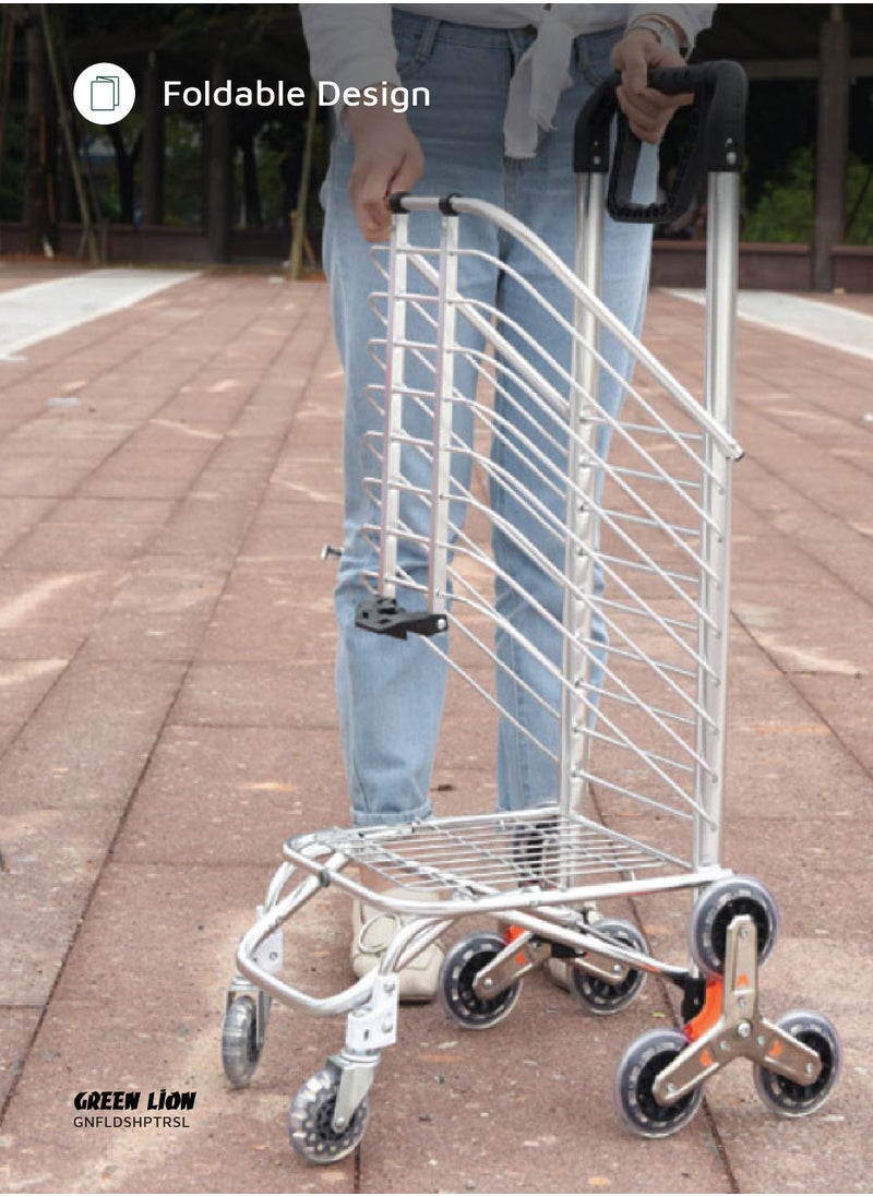 GREEN LION - Foldable Shopping Trolley with Stair Climber Wheels / Rotating Handle / 20kg Max Load / 8 Wheels / Versatile Use / Lightweight and Durable / Easy Transport - Silver - Image 1