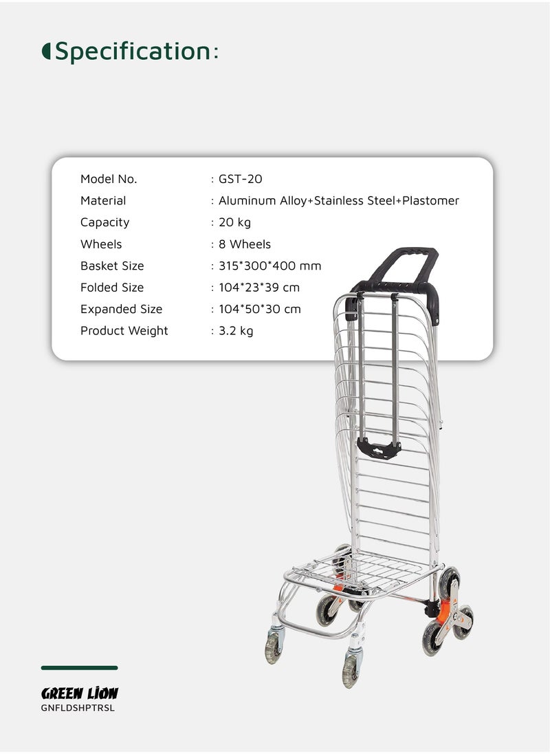 GREEN LION - Foldable Shopping Trolley with Stair Climber Wheels / Rotating Handle / 20kg Max Load / 8 Wheels / Versatile Use / Lightweight and Durable / Easy Transport - Silver - Image 1