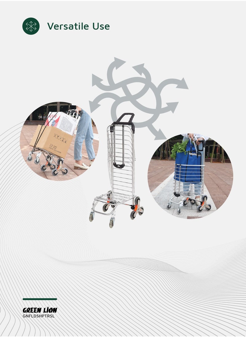 GREEN LION - Foldable Shopping Trolley with Stair Climber Wheels / Rotating Handle / 20kg Max Load / 8 Wheels / Versatile Use / Lightweight and Durable / Easy Transport - Silver - Image 1