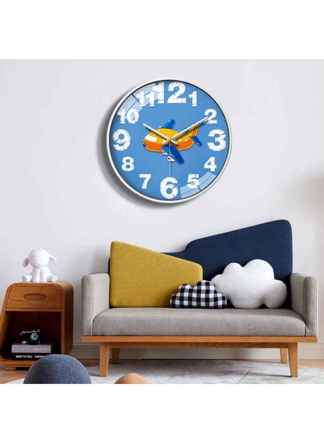 Momen Wall Clock, Bedroom Wall Clock For Children's Room, Cartoon Small Airplane Clock, Quartz Clock, 12 Inches, He0143, Metal White - Image 1