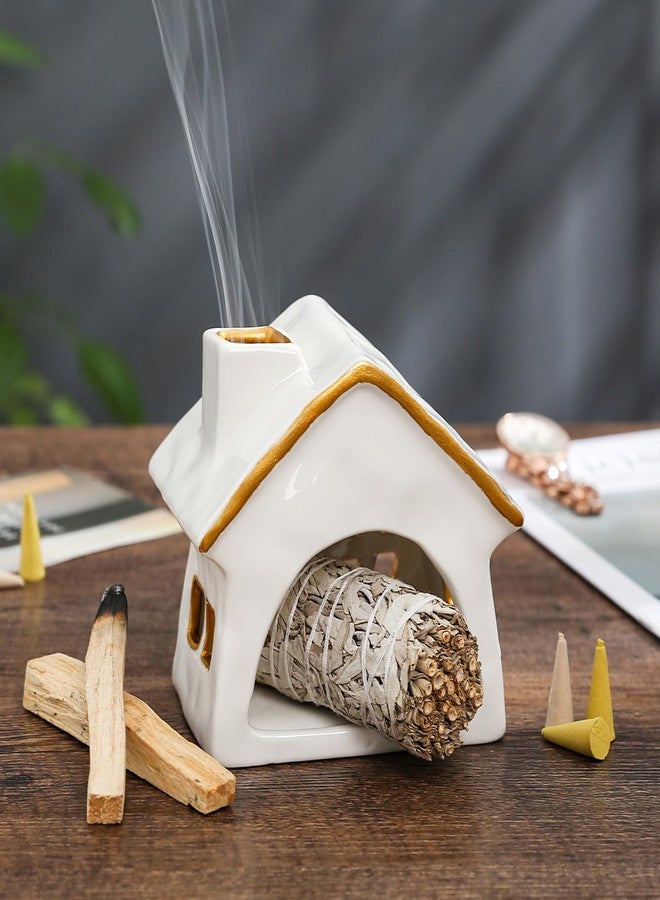 YIASSON Palo Santo Holder Chimney, Sage Holder for Burning, Palo Santo Burner, Sage Burner, Ceramic Christmas Cabin&Mini Chiminea Incense Burner, House Tea Light Burner, Smudge Bowl, Incense Holder - Image 1