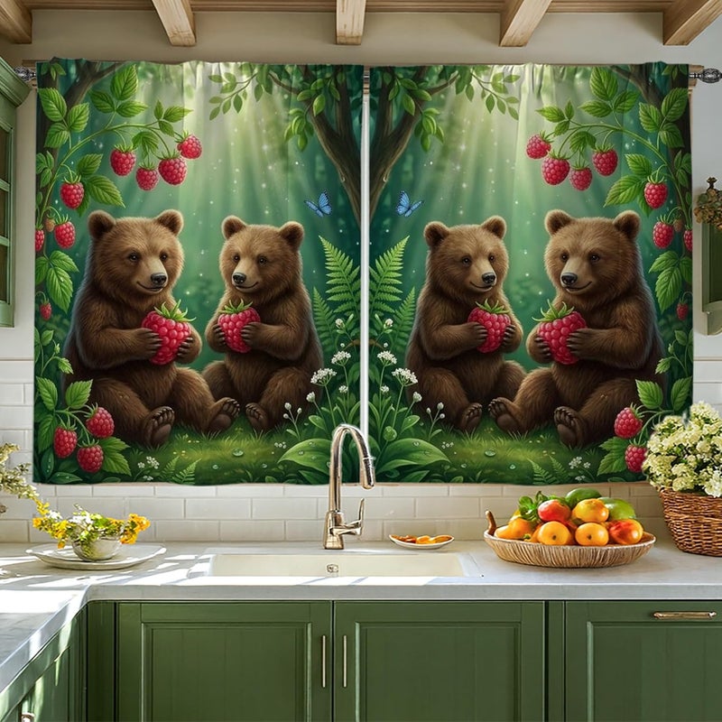 Bears Kitchen Curtains, Nature Fanciful Raspberries Foliage Summer Green Kitchen Drapes for Windows for Small Rv Sink Area Narrow Window 42x45 Inch - Image 1
