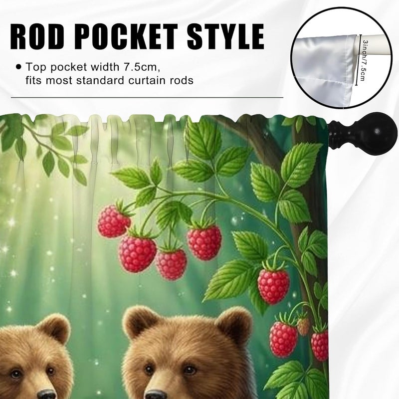 Bears Kitchen Curtains, Nature Fanciful Raspberries Foliage Summer Green Kitchen Drapes for Windows for Small Rv Sink Area Narrow Window 42x45 Inch - Image 5