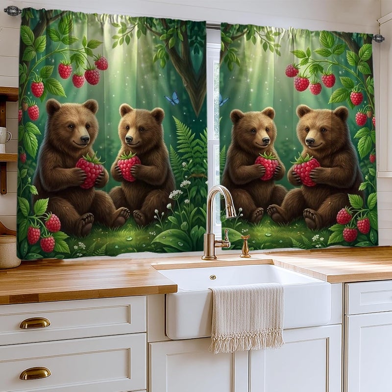Bears Kitchen Curtains, Nature Fanciful Raspberries Foliage Summer Green Kitchen Drapes for Windows for Small Rv Sink Area Narrow Window 42x45 Inch - Image 2