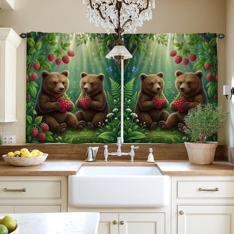 Bears Kitchen Curtains, Nature Fanciful Raspberries Foliage Summer Green Kitchen Drapes for Windows for Small Rv Sink Area Narrow Window 42x45 Inch - Image 4
